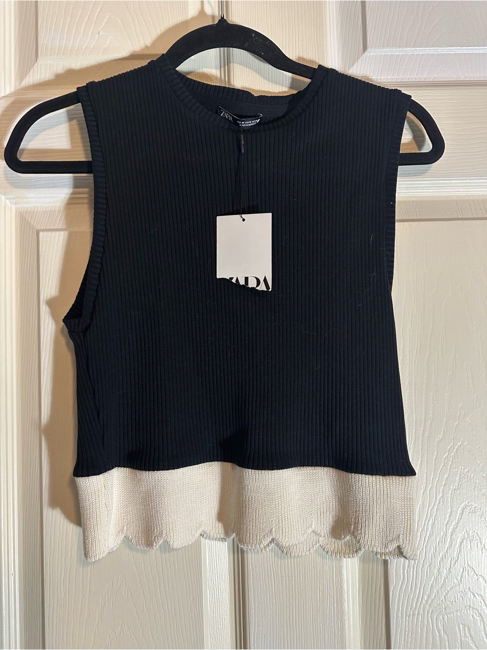Zara Black Ribbed Sleeveless Top with Cream Scallop Hem Trim